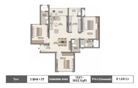 Prestige Parklane Devanahalli 3 BHK + 3T floor plan, 1597 sq ft saleable area
