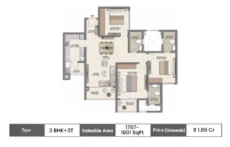 Prestige Parklane Devanahalli 3 BHK + 3T Large floor plan, 1757 sq ft saleable area