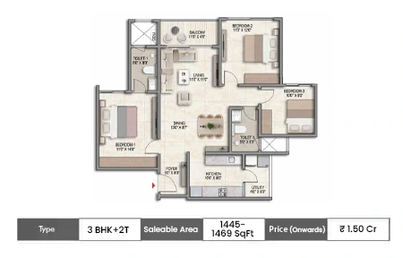 Prestige Parklane Devanahalli 3 BHK + 2T floor plan, 1445 sq ft saleable area